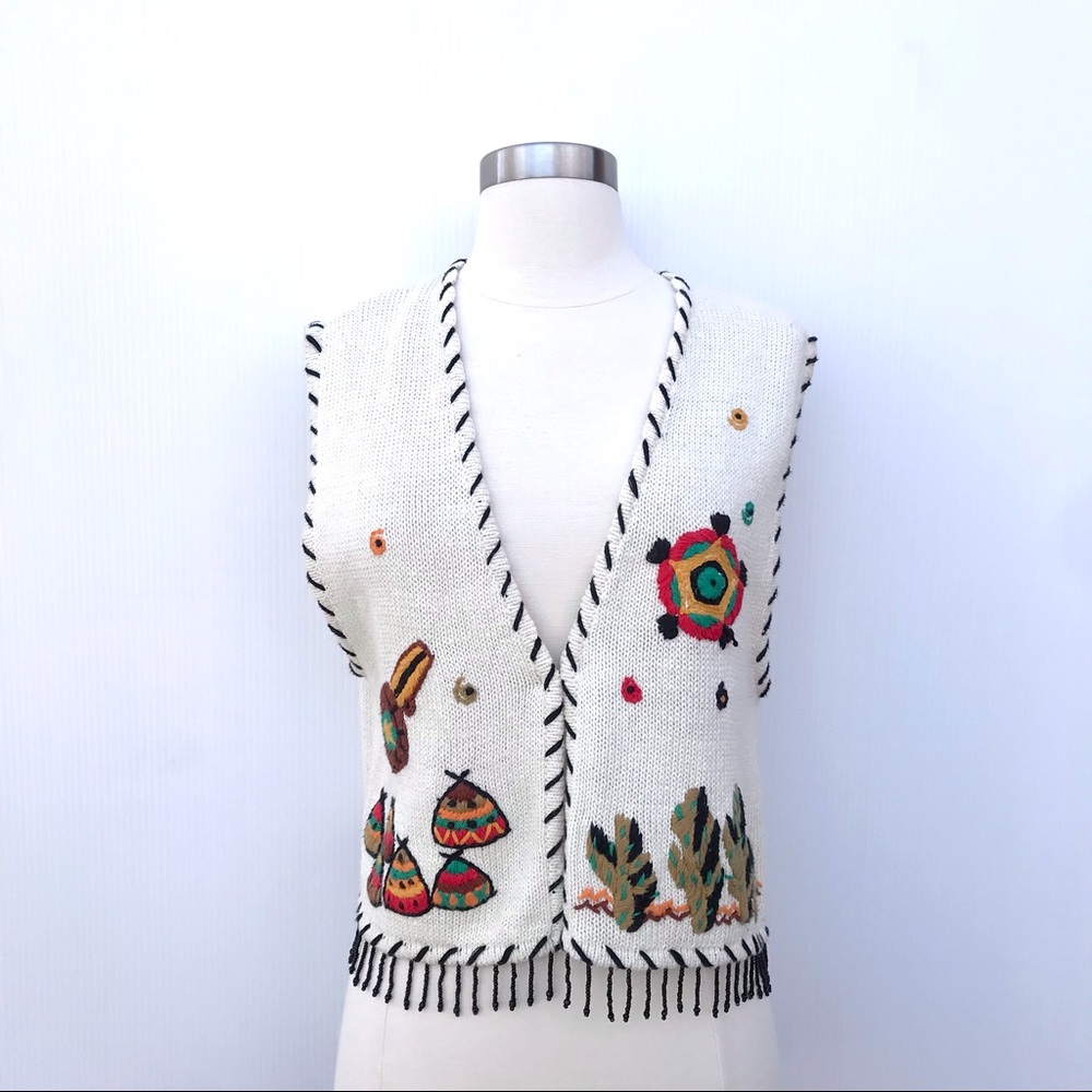 Vintage 80’s southwestern embroidered cactus native tassel sweater vest top - Picture 3 of 7